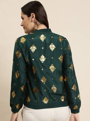 Jadegreen Poly Crepe Printed Straight Bomber Jacket 2