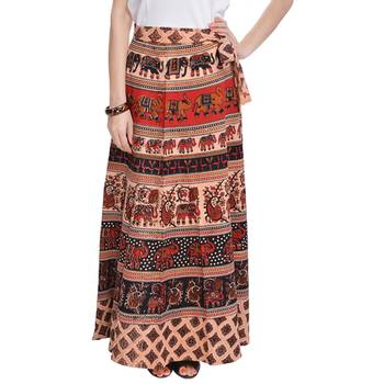 Beige Bagru Printed Cotton Wrap Around Long Skirt 1