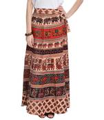 Beige Bagru Printed Cotton Wrap Around Long Skirt