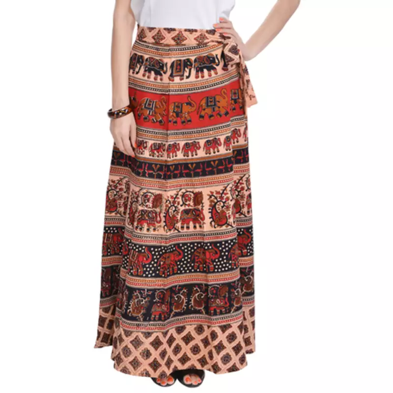 Beige Bagru Printed Cotton Wrap Around Long Skirt