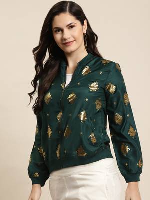 Jadegreen Poly Crepe Printed Straight Bomber Jacket 4