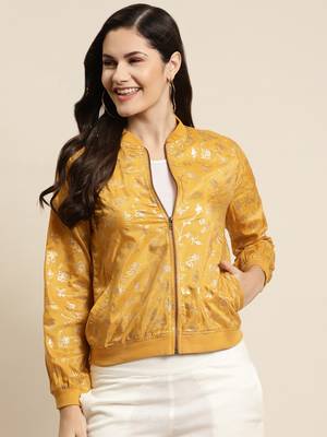 Mustard Poly Crepe Printed Straight Bomber Jacket 1