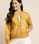 Mustard Poly Crepe Printed Straight Bomber Jacket