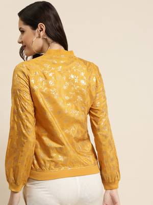 Mustard Poly Crepe Printed Straight Bomber Jacket 2
