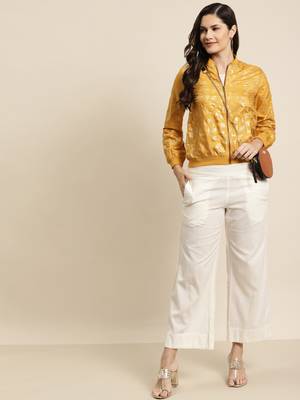 Mustard Poly Crepe Printed Straight Bomber Jacket 3