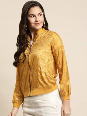 Mustard Poly Crepe Printed Straight Bomber Jacket 4