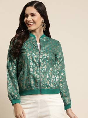 Teal Poly Crepe Printed Straight Bomber Jacket 1