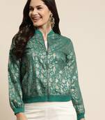 Teal Poly Crepe Printed Straight Bomber Jacket