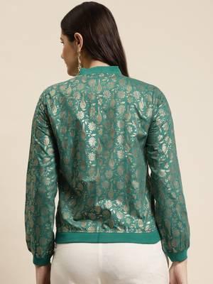 Teal Poly Crepe Printed Straight Bomber Jacket 2