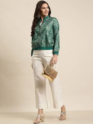 Teal Poly Crepe Printed Straight Bomber Jacket 3