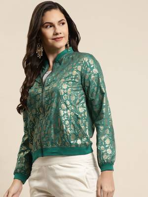 Teal Poly Crepe Printed Straight Bomber Jacket 4