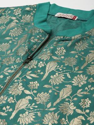 Teal Poly Crepe Printed Straight Bomber Jacket 5