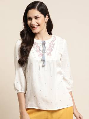 Offwhite Rayon Flex Embroidered Straight Top 1