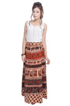 Beige Bagru Printed Cotton Wrap Around Long Skirt