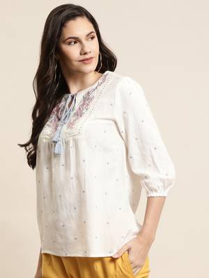 Offwhite Rayon Flex Embroidered Straight Top 4
