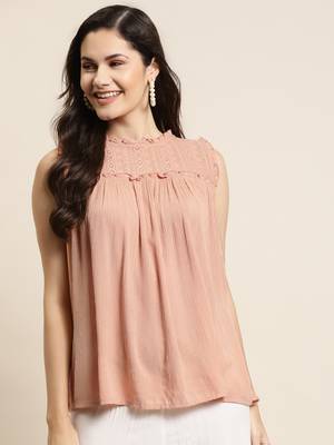 Peach Rayon Crepe Self Design Straight Top 1