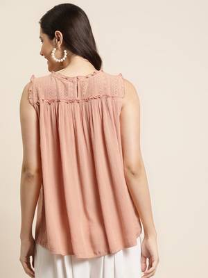 Peach Rayon Crepe Self Design Straight Top 2