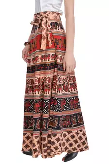 Beige Bagru Printed Cotton Wrap Around Long Skirt