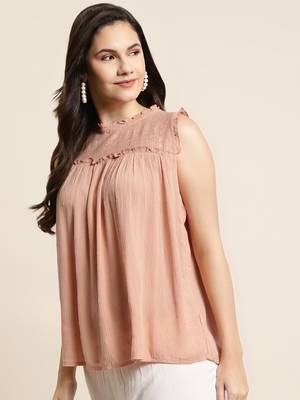 Peach Rayon Crepe Self Design Straight Top 4