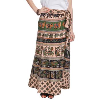 Beige Bagru Printed Cotton Wrap Around Long Skirt 1