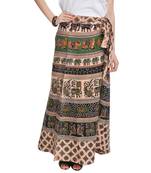 Beige Bagru Printed Cotton Wrap Around Long Skirt