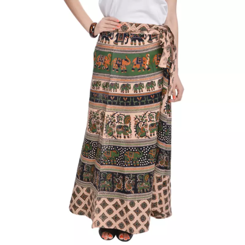 Beige Bagru Printed Cotton Wrap Around Long Skirt