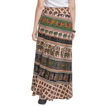 Beige Bagru Printed Cotton Wrap Around Long Skirt 2