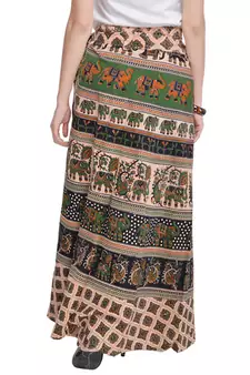 Beige Bagru Printed Cotton Wrap Around Long Skirt