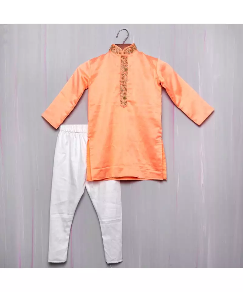 peach zari work chanderi kurta paijama