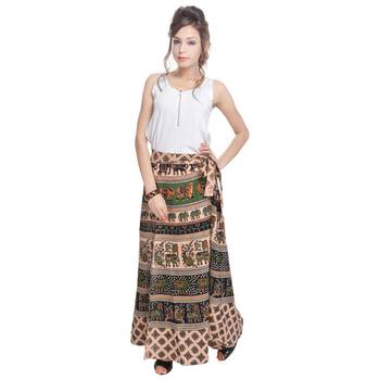 Beige Bagru Printed Cotton Wrap Around Long Skirt 3