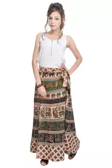 Beige Bagru Printed Cotton Wrap Around Long Skirt
