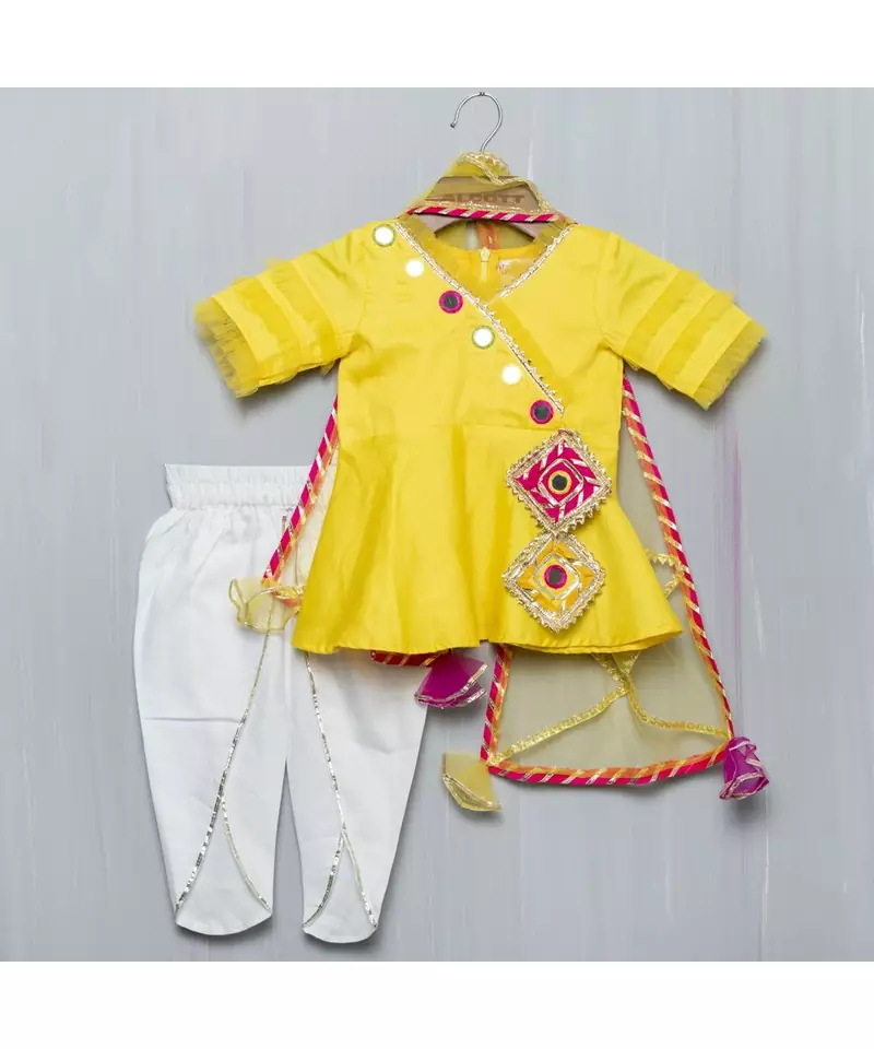 yellow white cotton mirror work dhoti kurta