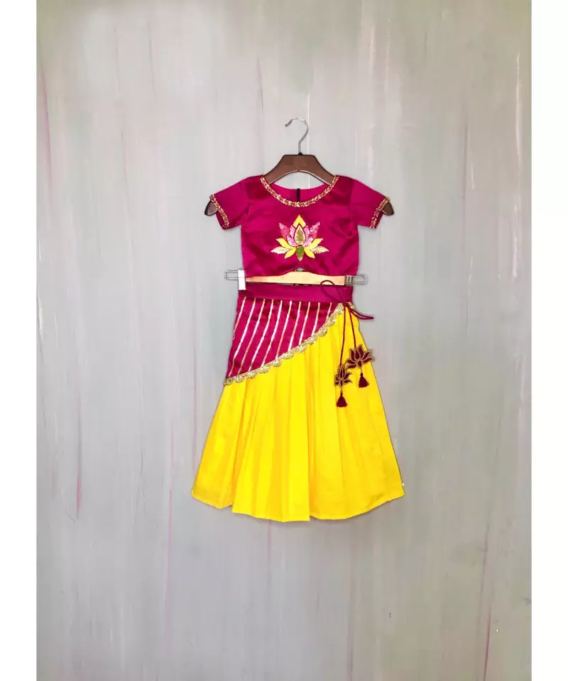 cotton silk magenta yellow lotus motif lehenga