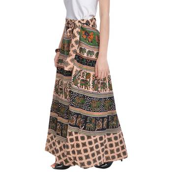 Beige Bagru Printed Cotton Wrap Around Long Skirt 4