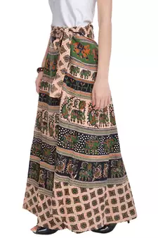 Beige Bagru Printed Cotton Wrap Around Long Skirt
