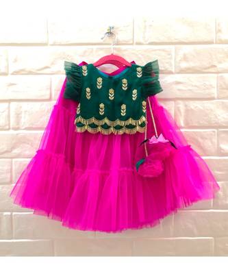 zari work bottle green and hot pink lehenga 1