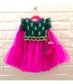 zari work bottle green and hot pink lehenga
