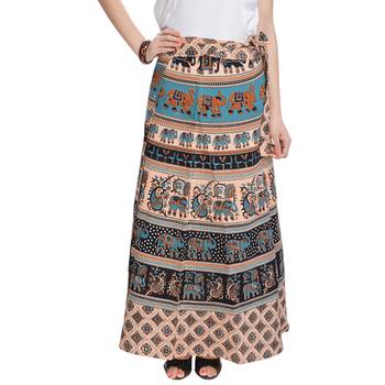 Beige Bagru Printed Cotton Wrap Around Long Skirt 1