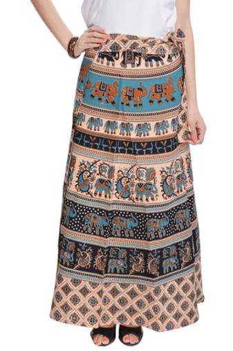 Beige Bagru Printed Cotton Wrap Around Long Skirt