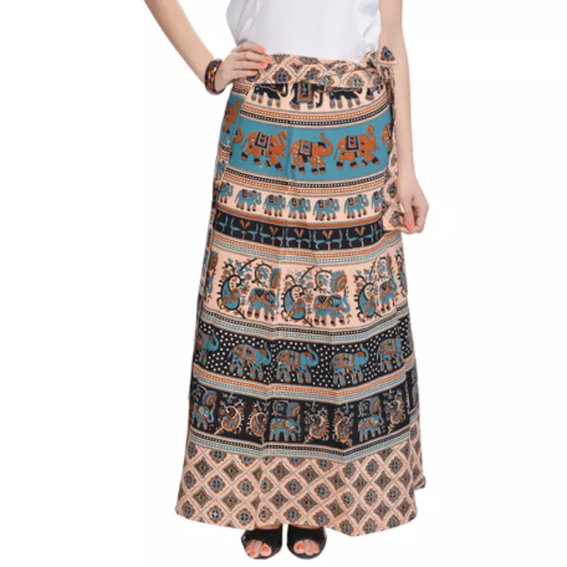 Beige Bagru Printed Cotton Wrap Around Long Skirt