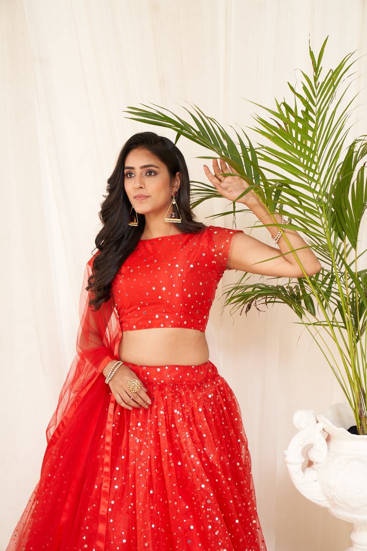 party wear red lehenga choli with duptta