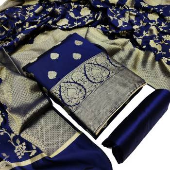 JHEENU Women's Navy Blue Banarasi Jacquared Woven Design Unstitched Dress Material  1
