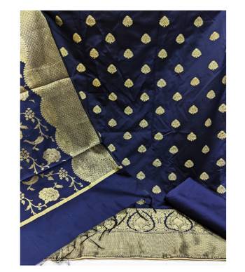 JHEENU Women's Navy Blue Banarasi Jacquared Woven Design Unstitched Dress Material  2