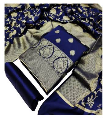 JHEENU Women's Navy Blue Banarasi Jacquared Woven Design Unstitched Dress Material  3