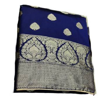 JHEENU Women's Navy Blue Banarasi Jacquared Woven Design Unstitched Dress Material  4