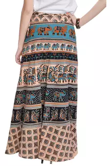 Beige Bagru Printed Cotton Wrap Around Long Skirt
