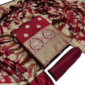 JHEENU Women's Maroon Banarasi Jacquared Woven Design Unstitched Dress Material  1