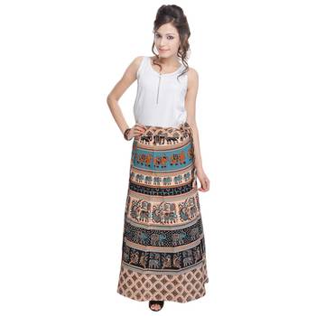 Beige Bagru Printed Cotton Wrap Around Long Skirt 3