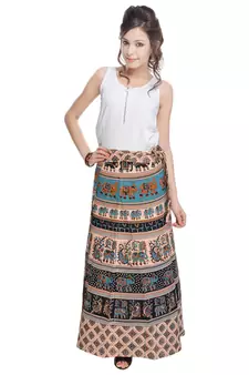 Beige Bagru Printed Cotton Wrap Around Long Skirt