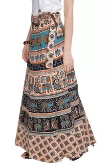 Beige Bagru Printed Cotton Wrap Around Long Skirt